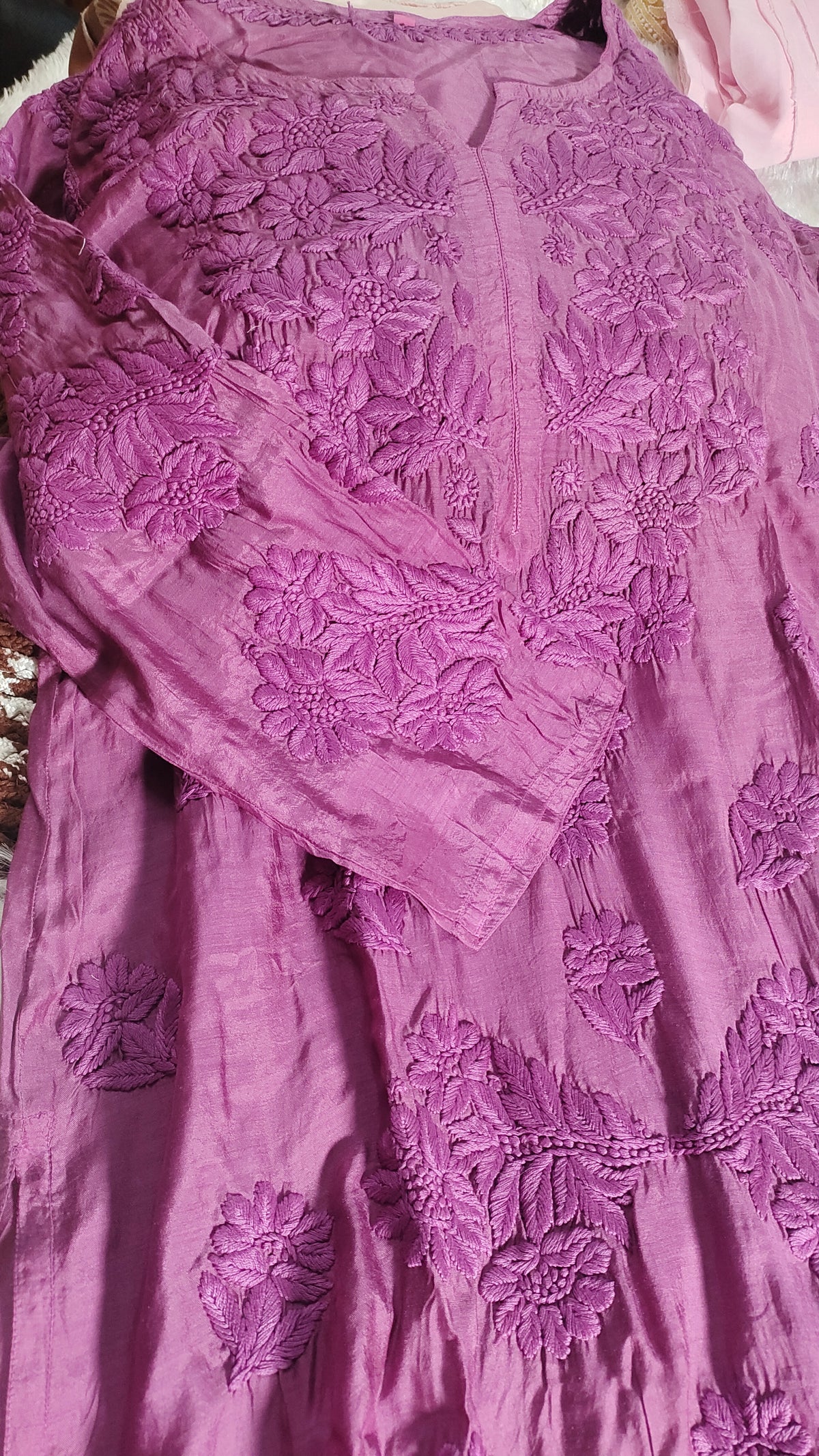 Premium silk Chikankari Kurti for women by LVW Fashions, handmade Lucknow Chikankari with intricate embroidery and elegant design.