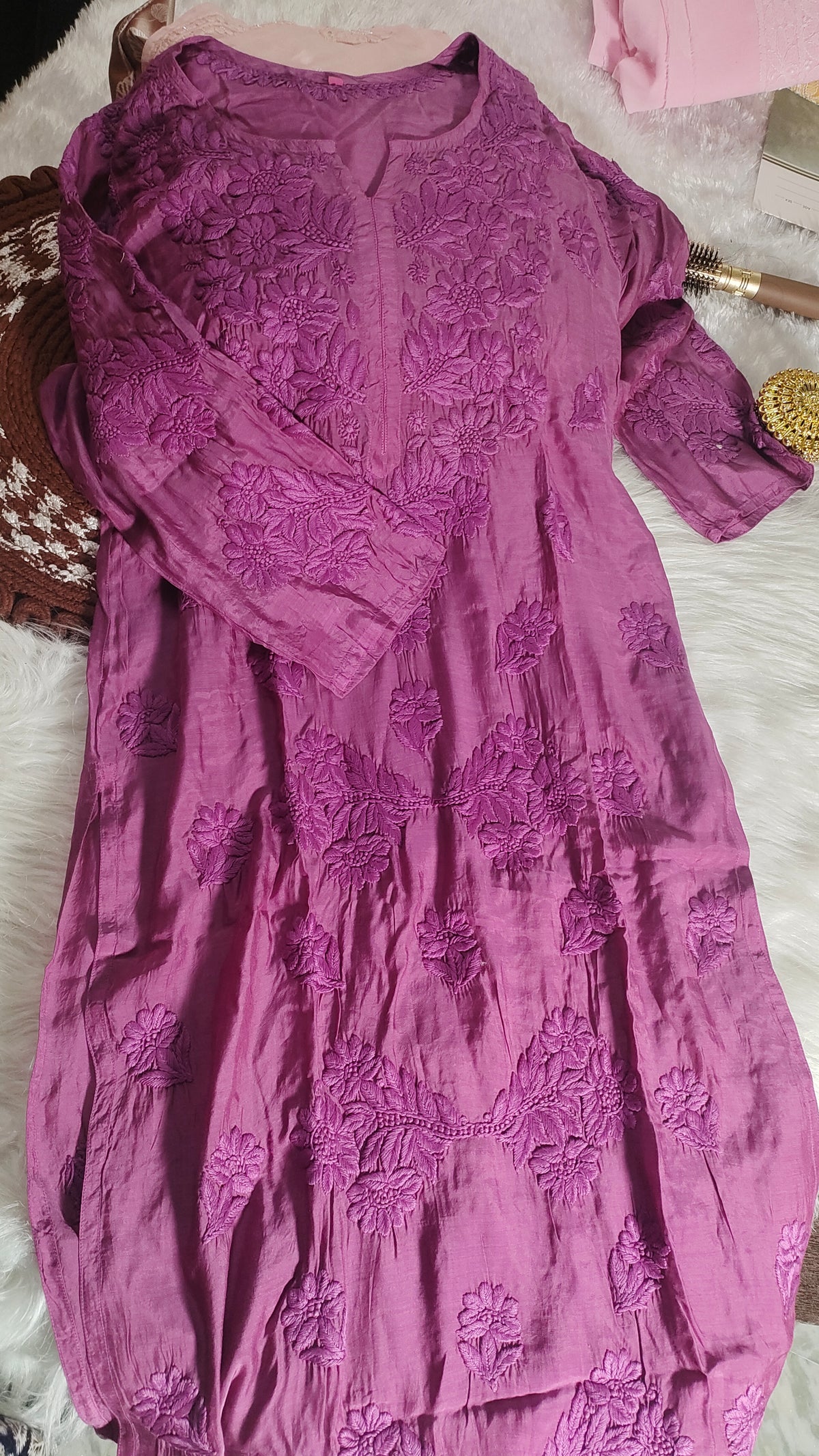 Premium silk Chikankari Kurti for women by LVW Fashions, handmade Lucknow Chikankari kurta with intricate embroidery.