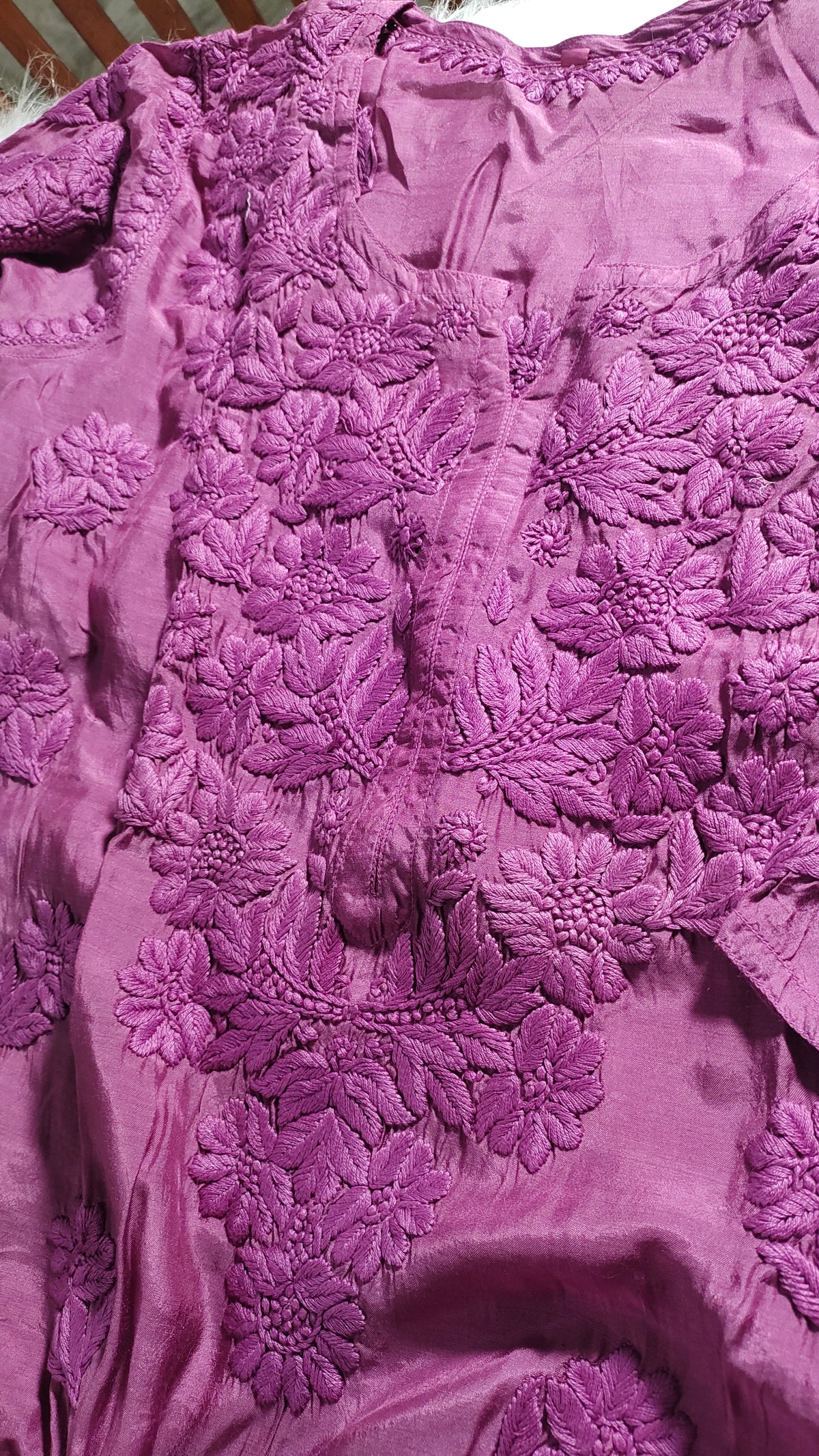 Premium silk Chikankari Kurti for women by LVW Fashions, handmade Lucknow Chikankari embroidery, featuring intricate craftsmanship.
