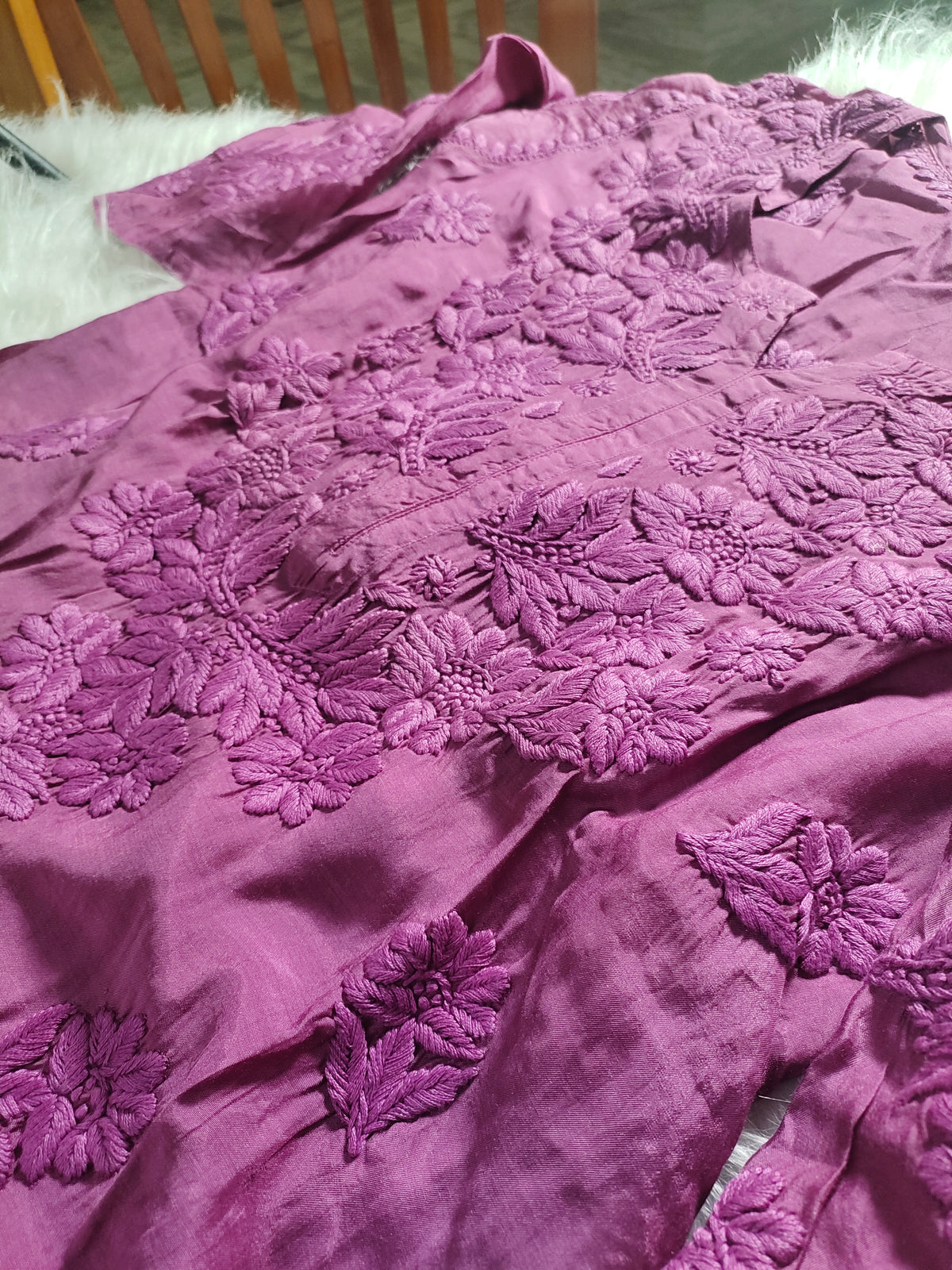 Handmade Premium Silk Chikankari Kurti for women by LVW Fashions, featuring intricate Lucknow-style embroidery and elegant design.