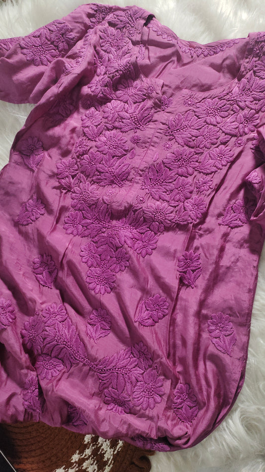 Premium silk Chikankari Kurti for women by LVW Fashions, handmade Lucknow Chikankari kurta in delicate embroidery and soft silk fabric.