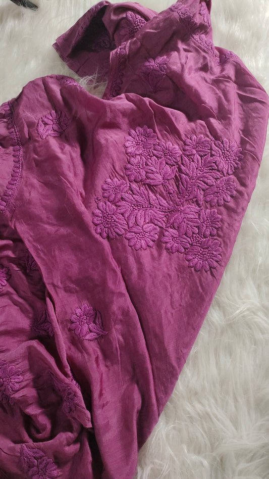 Premium silk Chikankari Kurti for women by LVW Fashions, handmade Lucknow Chikankari with intricate embroidery.
