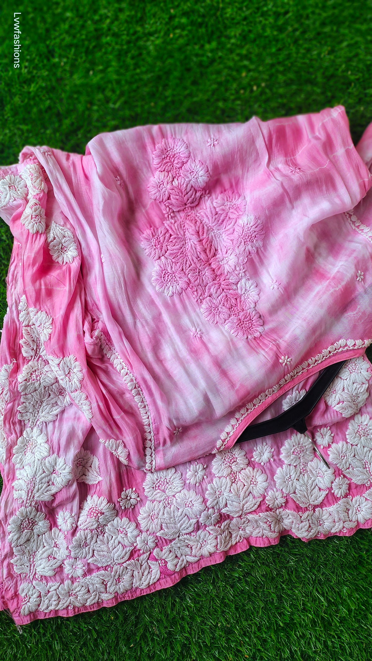 Hot pink silk Tye & Dye Chikankari kurta by LVW Fashions, handcrafted Lucknow chikankari design, lightweight and elegant.