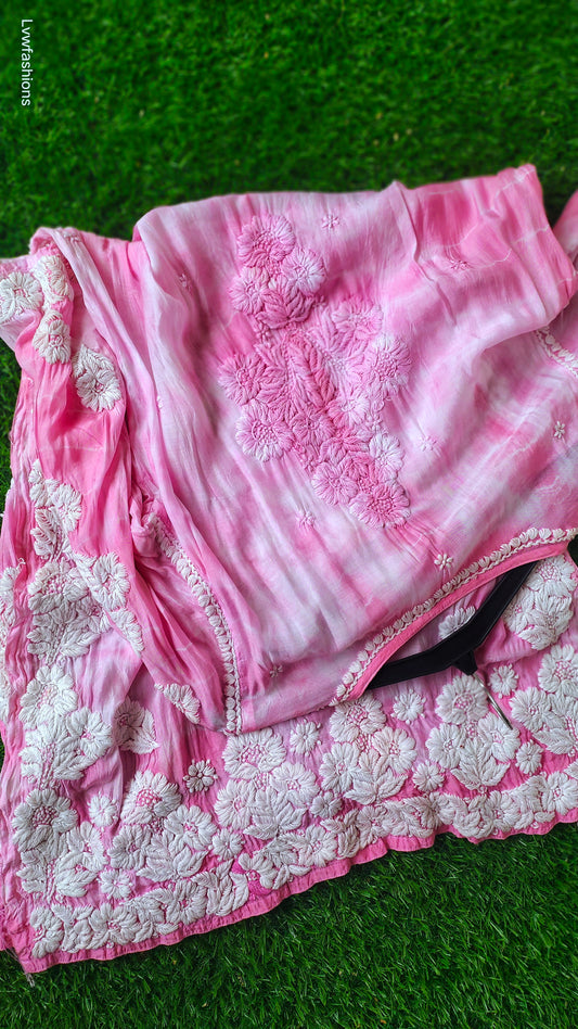 Hot pink silk Tye & Dye Chikankari kurta by LVW Fashions, handcrafted Lucknow chikankari design, lightweight and elegant.