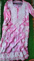 Hot pink silk Tye & Dye Chikankari Kurta by LVW Fashions, handmade Lucknow chikankari with intricate embroidery.
