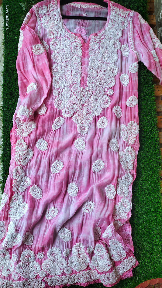 Hot pink silk Tye & Dye Chikankari Kurta by LVW Fashions, handmade Lucknow chikankari with intricate embroidery.