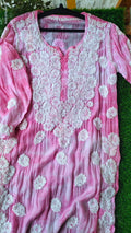 Hot pink silk Tye & Dye Chikankari Kurta by LVW Fashions, handmade Lucknow chikankari with intricate embroidery.