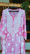 Hot pink silk kurta with intricate handmade Lucknow chikankari embroidery by LVW Fashions, featuring tye and dye design.