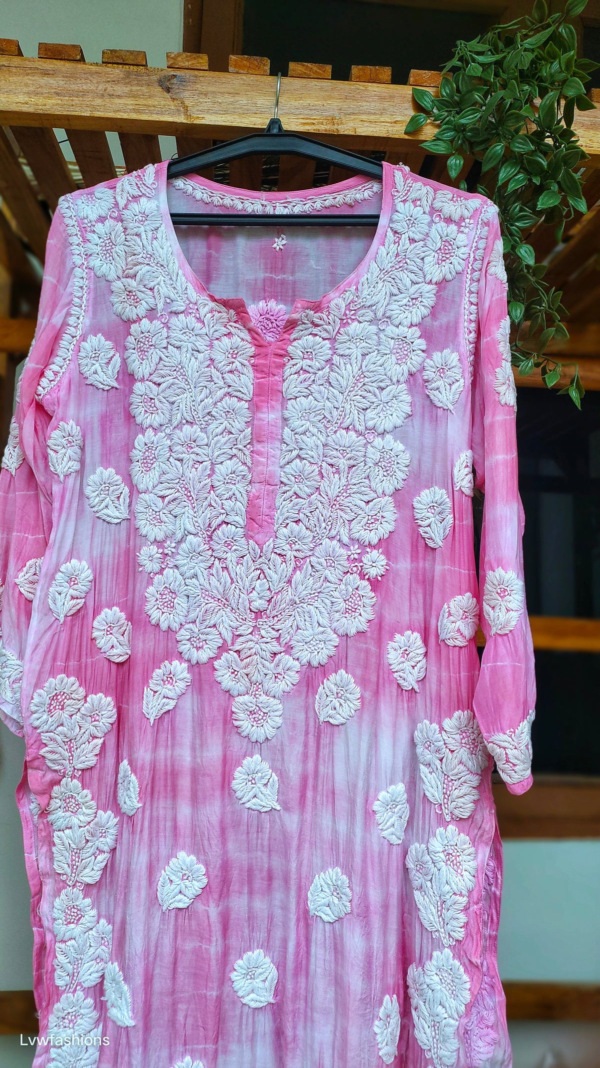 Hot pink silk kurta with intricate handmade Lucknow chikankari embroidery by LVW Fashions, featuring tye and dye design.