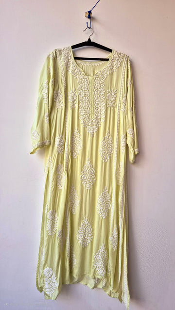 Luxurious pure silk Aline Kurta by LVW Fashions, handmade Chikankari design from Lucknow, showcasing intricate embroidery and elegant style.