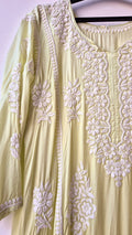 Luxurious pure silk handmade Aline Kurta with intricate Lucknow Chikankari by LVW Fashions, showcasing elegant craftsmanship.