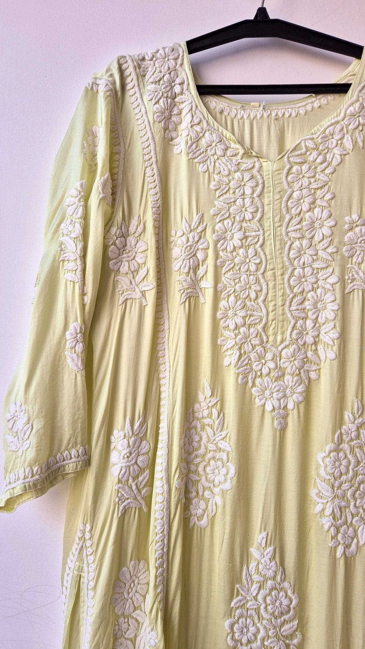 Luxurious pure silk handmade Aline Kurta by LVW Fashions featuring intricate Lucknow Chikankari embroidery.