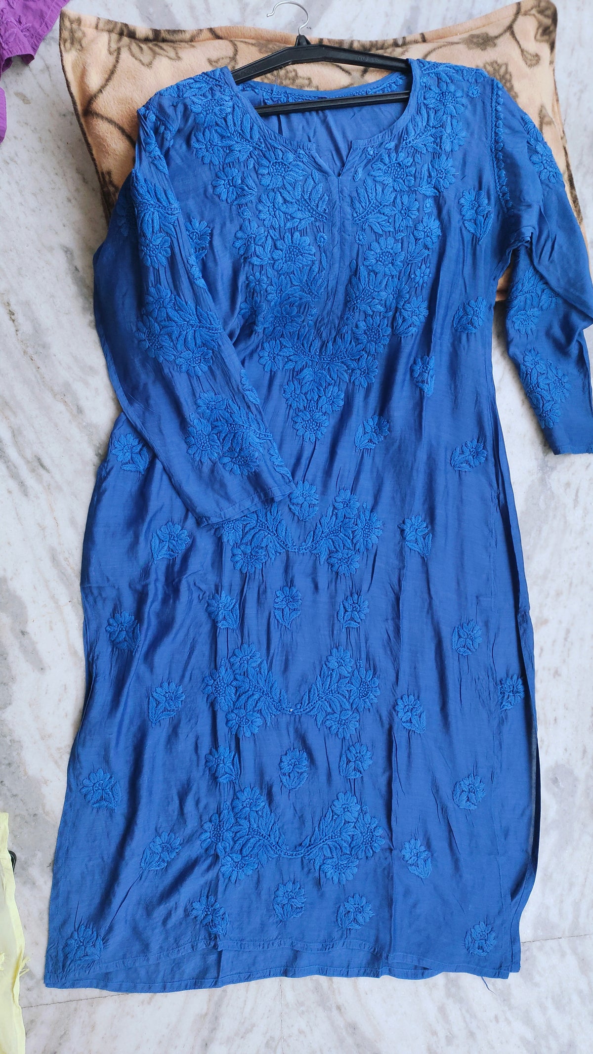 Premium soft modal cotton Chikankari long kurta by LVW Fashions, handmade in Lucknow with intricate Chikankari embroidery.