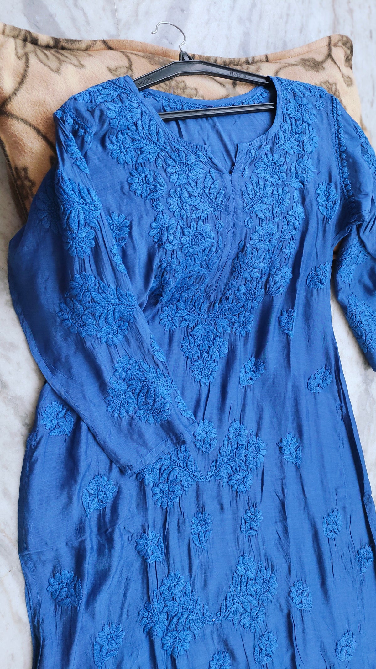 Premium soft modal cotton Chikankari long kurta by LVW Fashions, handmade Lucknow Chikankari in a lightweight, elegant design.