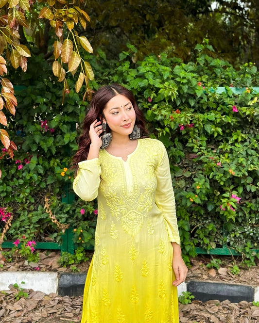 Premium soft Modal long Chikankari Kurti for women by LVW Fashions, handcrafted with stylish Lucknow Chikankari embroidery.