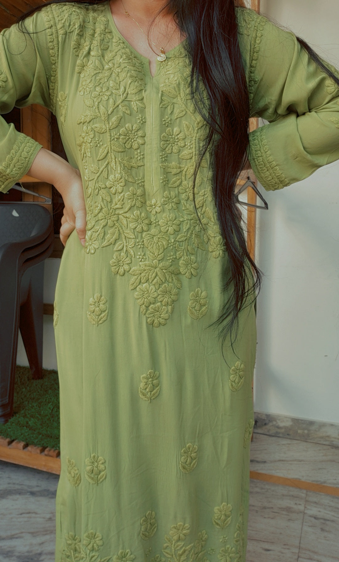 Premium soft Modal long kurta by LVW Fashions featuring handcrafted Lucknow Chikankari embroidery and stylish design.