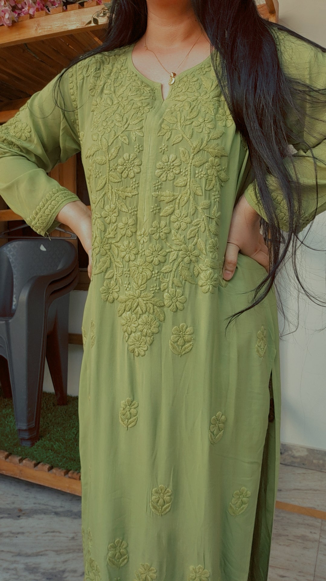 Handcrafted long kurta by LVW Fashions featuring premium soft Modal fabric and intricate Lucknow Chikankari embroidery.