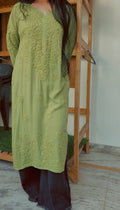 Handcrafted long Kurta by LVW Fashions featuring pure soft modal fabric and intricate Lucknow chikankari embroidery.