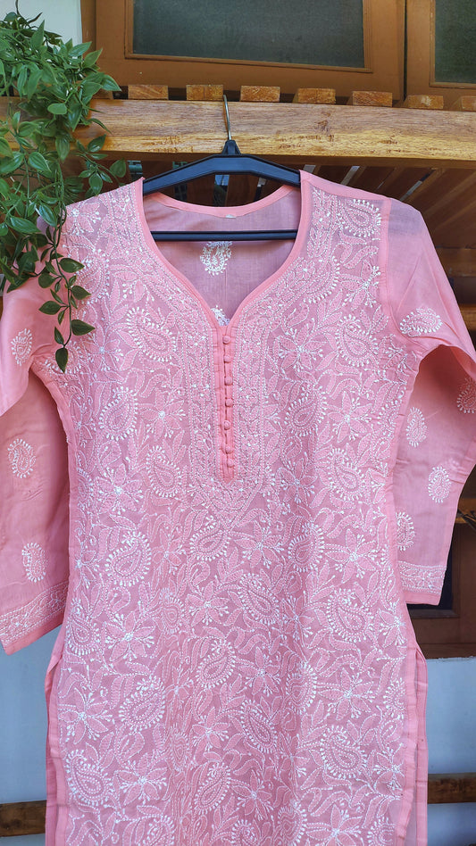 Handmade LVW Fashions premium voil cotton long kurta with intricate Lucknow chikankari embroidery and back daman design.