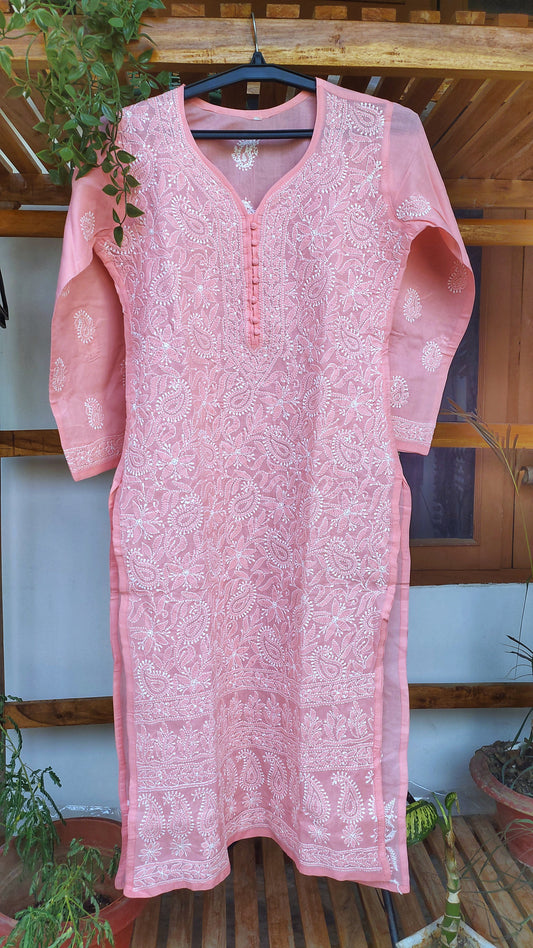 Handmade LVW Fashions premium voil cotton long kurta with intricate Lucknow Chikankari embroidery and back daman design.