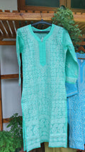 Premium voil cotton Chikankari long kurta by LVW Fashions with intricate embroidery and back daman detail, handcrafted in Lucknow style.