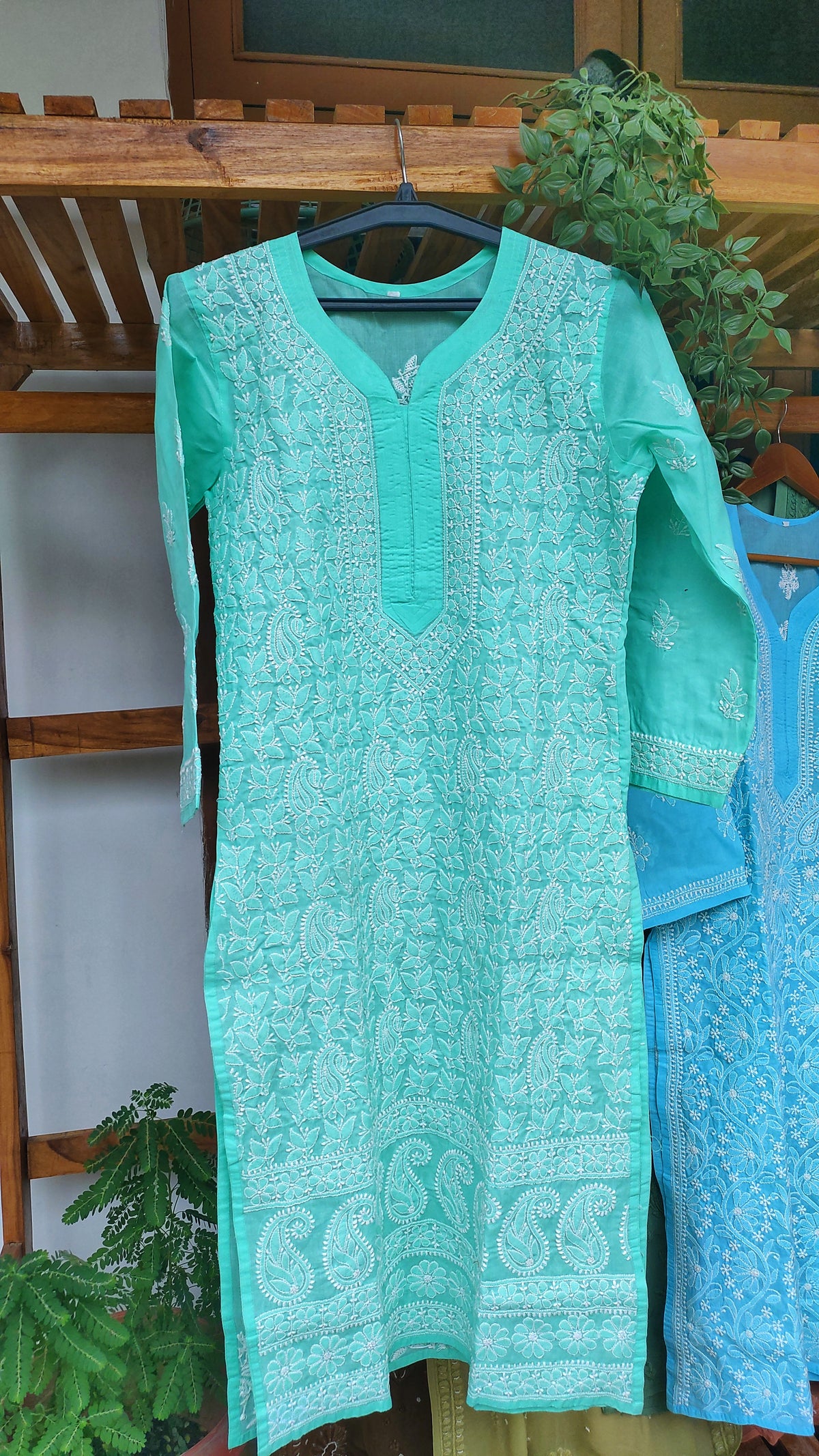 Premium voil cotton Chikankari long kurta by LVW Fashions with intricate embroidery and back daman detail, handcrafted in Lucknow style.