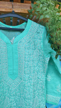 Premium voil cotton long kurta with intricate back daman embroidery, handmade Lucknow chikankari by LVW Fashions.