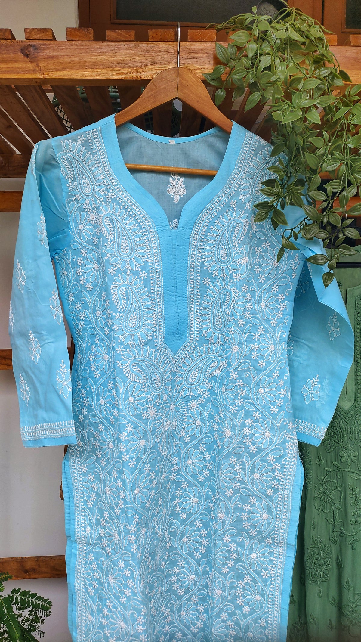 Premium Voil Cotton Chikankari long Kurti with back border embroidery from LVW Fashions, featuring intricate handmade Lucknow Chikankari.