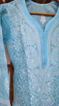 Premium Voil Cotton Chikankari Long Kurti with back border embroidery by LVW Fashions, handcrafted Lucknow Chikankari kurta.