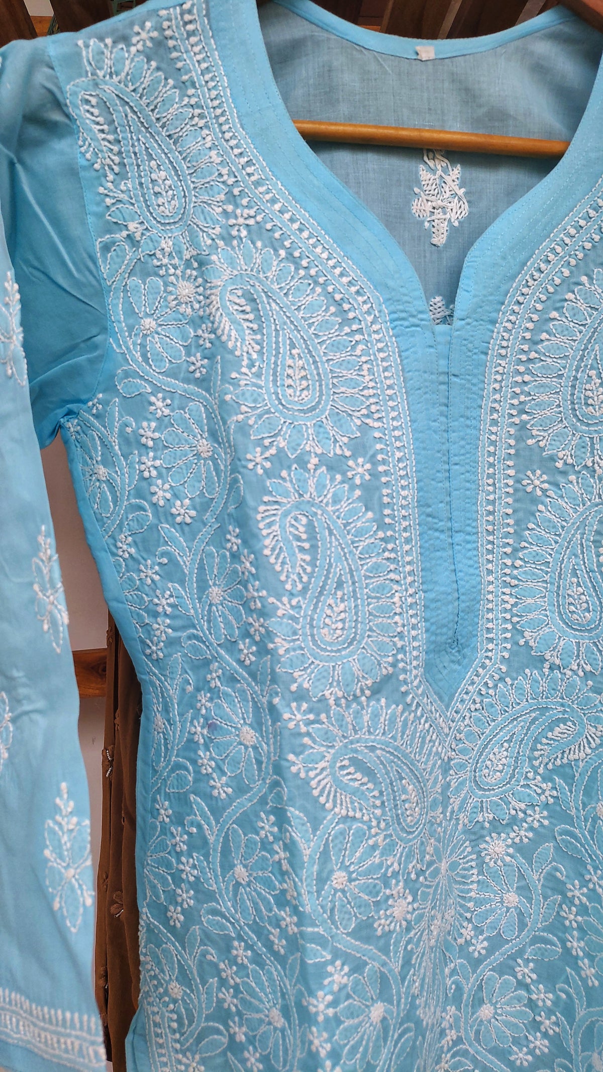 Premium Voil Cotton Chikankari Long Kurti with back border embroidery by LVW Fashions, handcrafted Lucknow Chikankari kurta.
