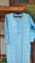 Premium voil cotton Chikankari long kurti with back border embroidery, handmade by LVW Fashions, featuring Lucknow Chikankari design.