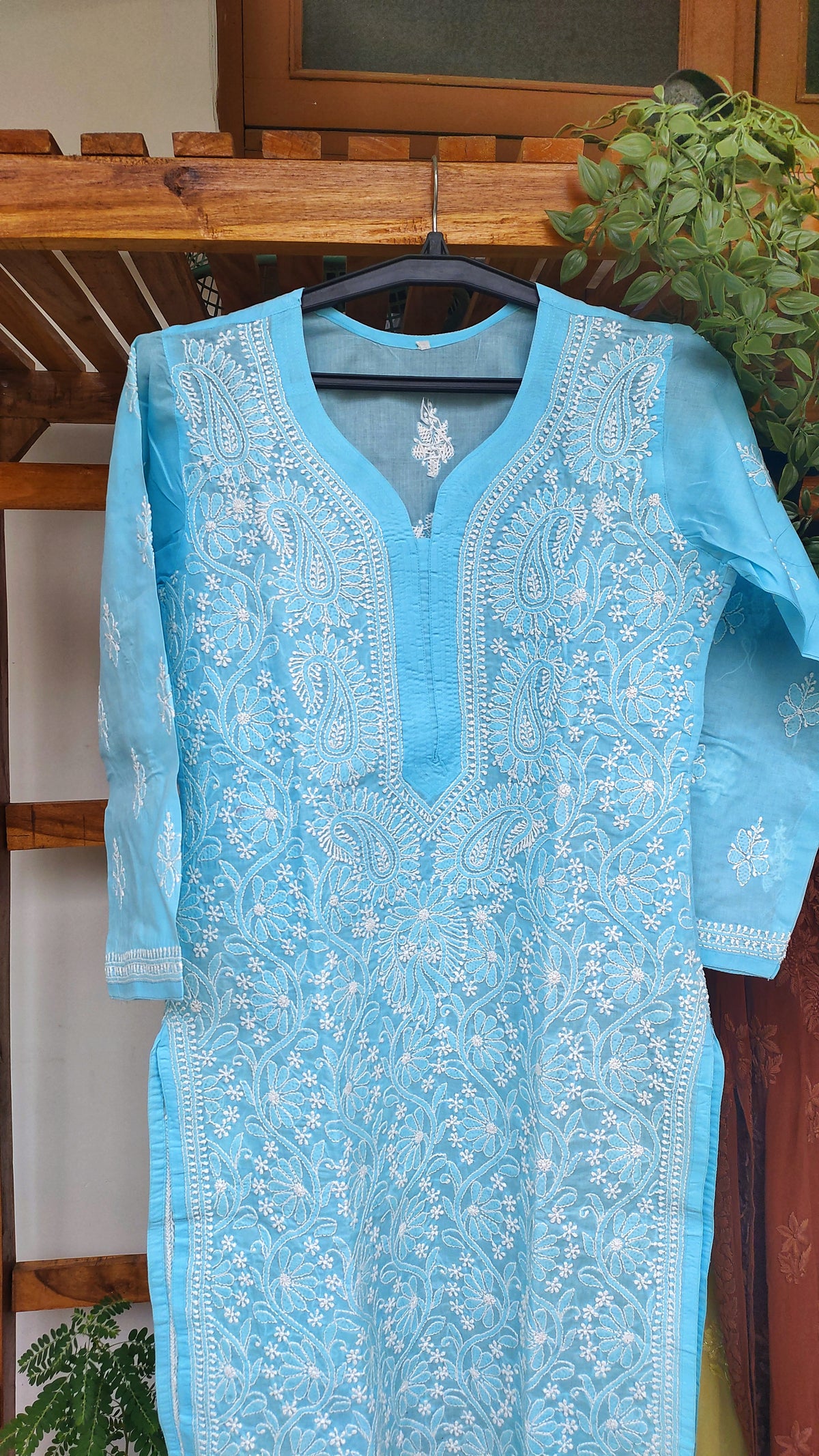 Premium voil cotton Chikankari long kurti with back border embroidery, handmade by LVW Fashions, featuring Lucknow Chikankari design.
