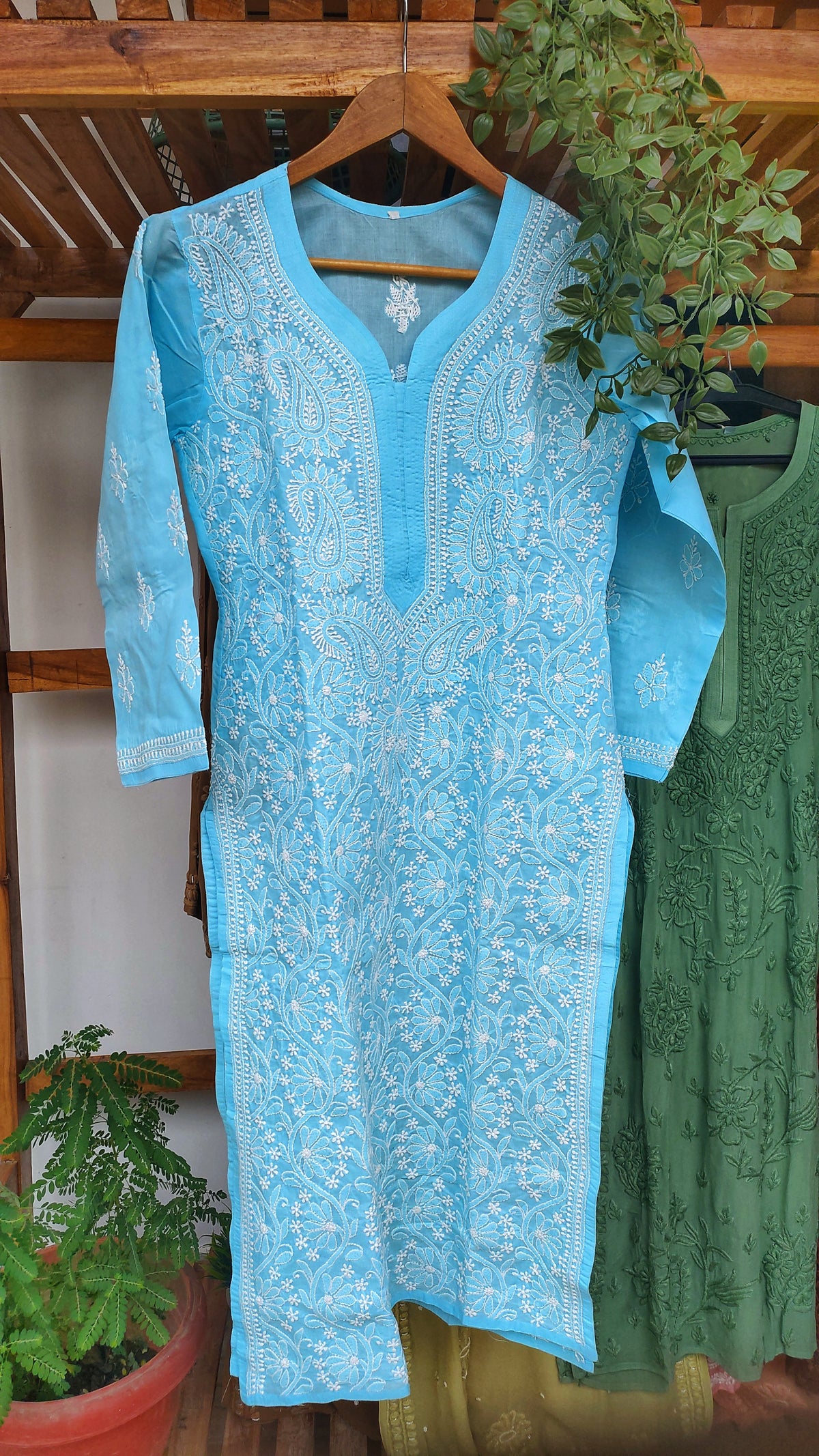 Premium voil cotton Chikankari long Kurti with back border embroidery by LVW Fashions, handmade Lucknow Chikankari design.