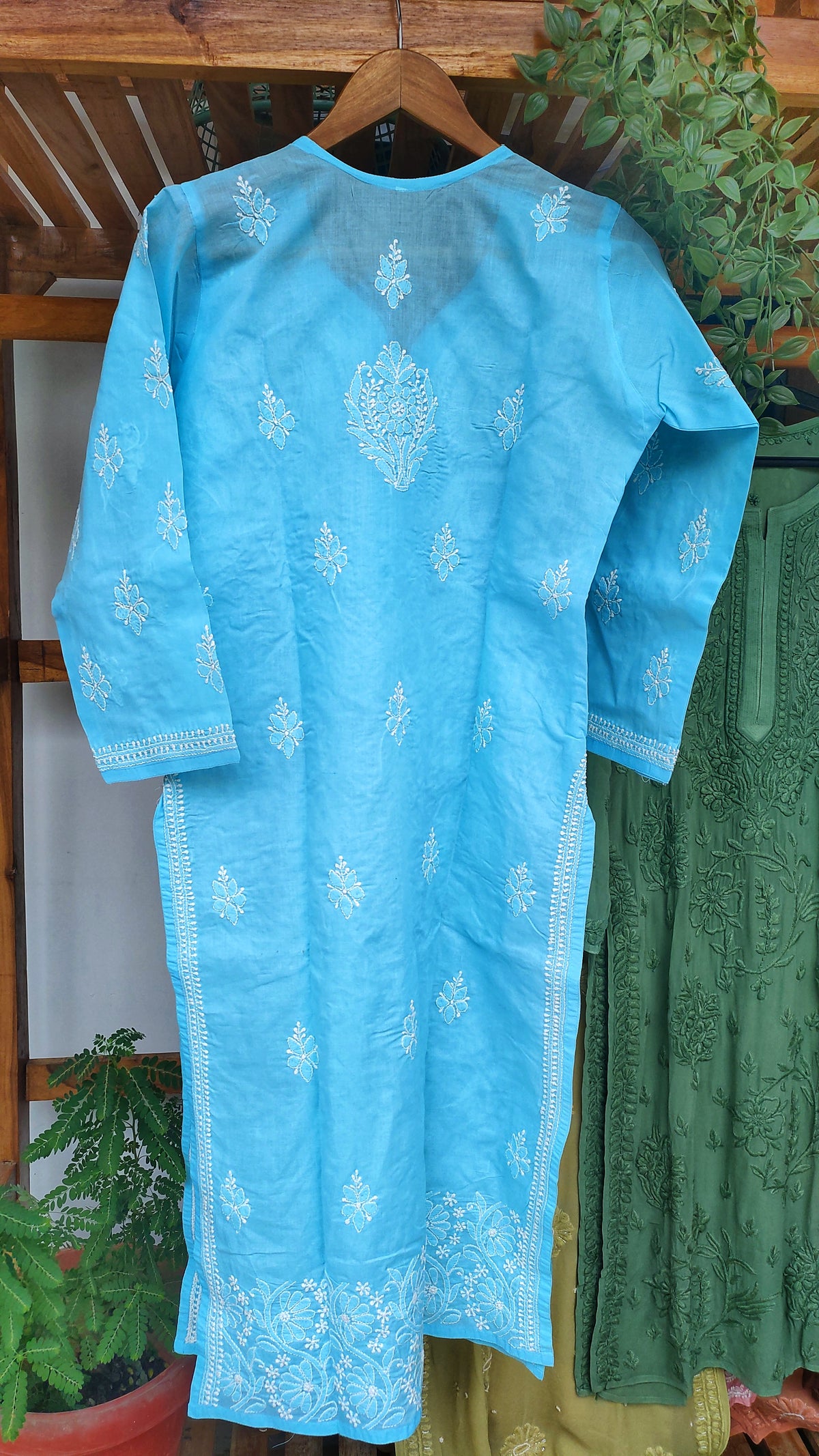 Premium LVW Fashions Voil Cotton Chikankari Long Kurti with intricate back border embroidery, handmade Lucknow Chikankari style.