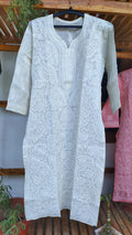 Ivory voil cotton long kurta with intricate handmade Lucknow chikankari embroidery by LVW Fashions.