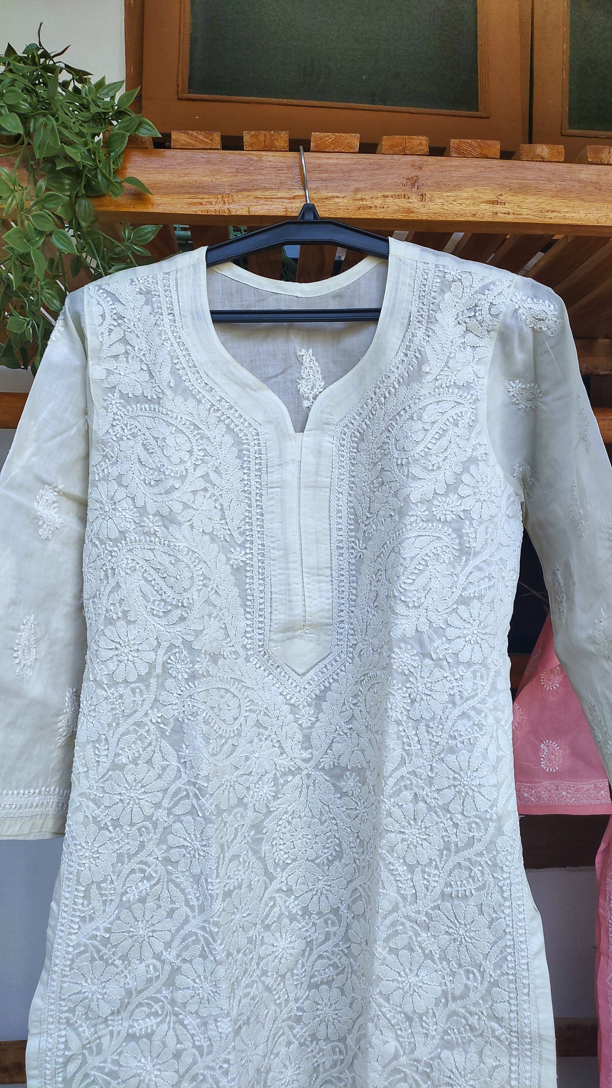 Ivory cotton Voil long Kurta with intricate Lucknow Chikankari embroidery by LVW Fashions, handmade traditional Indian dress.