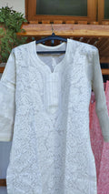 Ivory premium voil cotton long kurta with intricate Lucknow chikankari embroidery by LVW Fashions, handmade traditional Indian attire