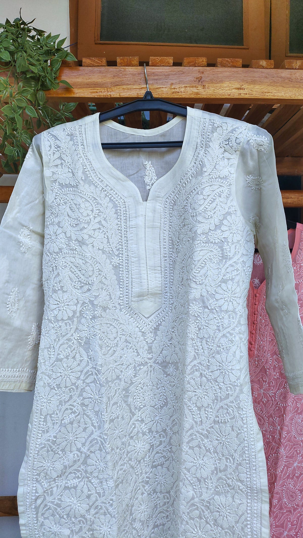 Ivory premium voil cotton long kurta with intricate Lucknow chikankari embroidery by LVW Fashions, handmade traditional Indian attire