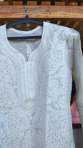 Ivory premium voil cotton long kurta with intricate handmade chikankari embroidery by LVW Fashions, traditional Lucknow style.