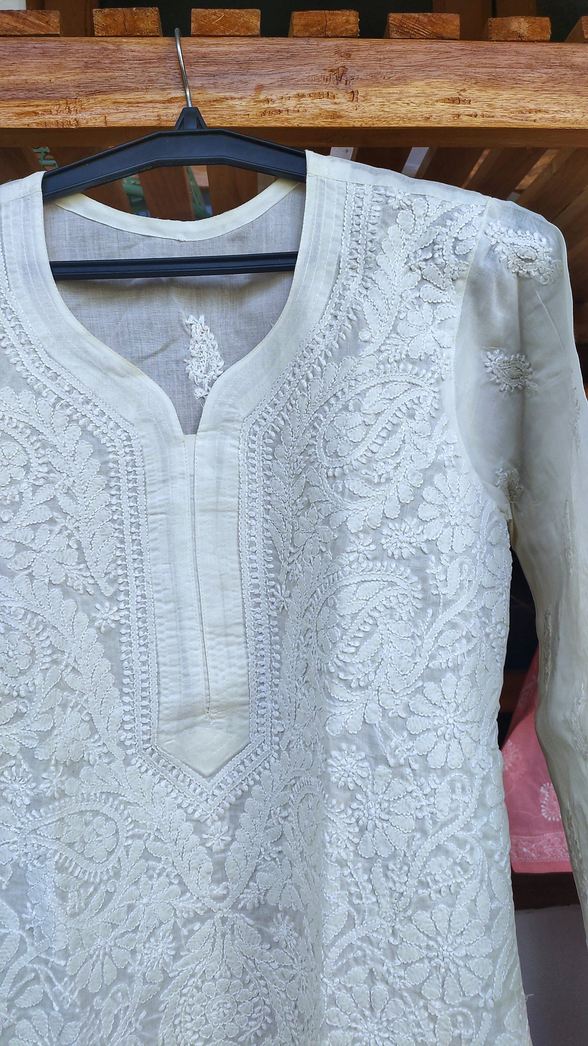 Ivory premium voil cotton long kurta with intricate handmade chikankari embroidery by LVW Fashions, traditional Lucknow style.
