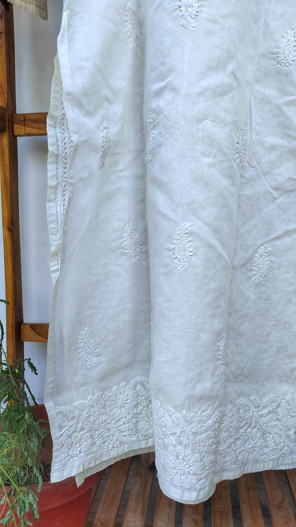 Ivory premium voil cotton long kurta with intricate Lucknow chikankari embroidery by LVW Fashions, handmade traditional Indian attire.