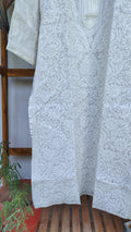 Ivory long Kurta in premium Voil cotton with intricate Lucknow Chikankari, handcrafted by LVW Fashions.