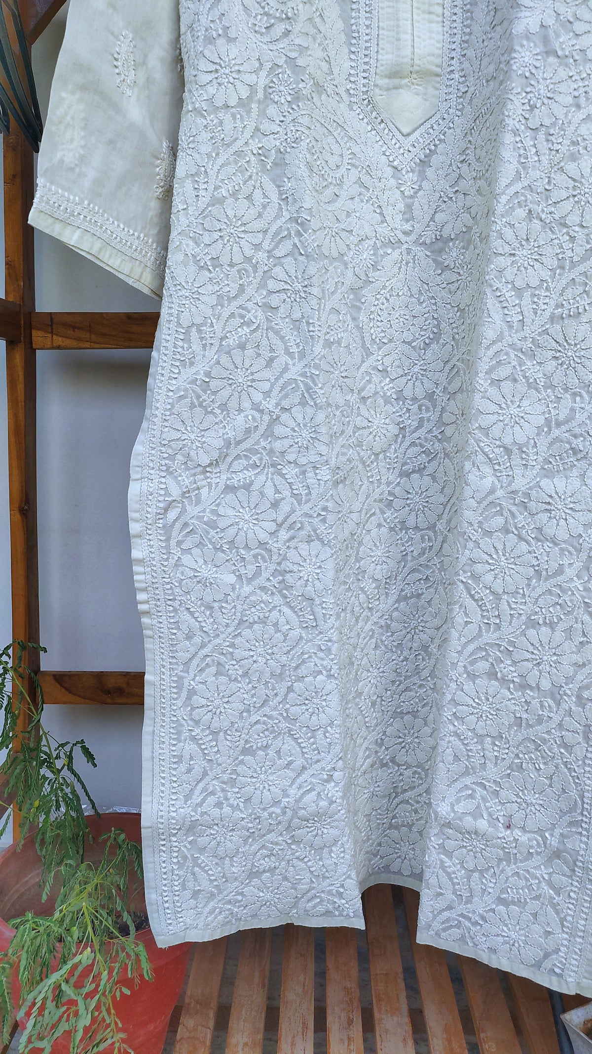 Ivory long Kurta in premium Voil cotton with intricate Lucknow Chikankari, handcrafted by LVW Fashions.