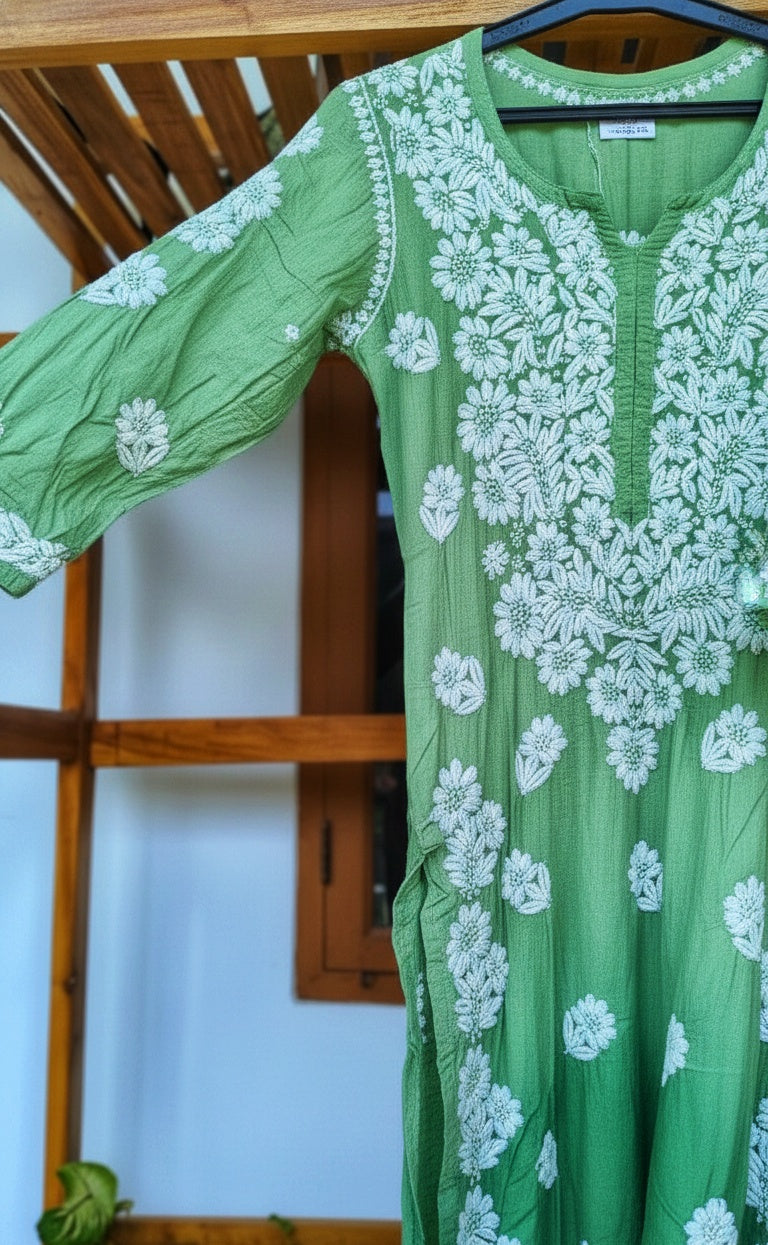 Pure handcrafted silk long kurta with intricate Lucknow chikankari embroidery from LVW Fashions, luxurious and elegant.