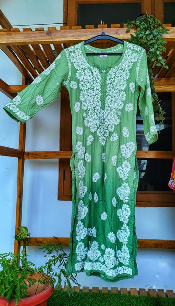 Pure handcrafted silk long kurta with intricate Lucknow chikankari embroidery by LVW Fashions, luxurious and elegant for special occasions.