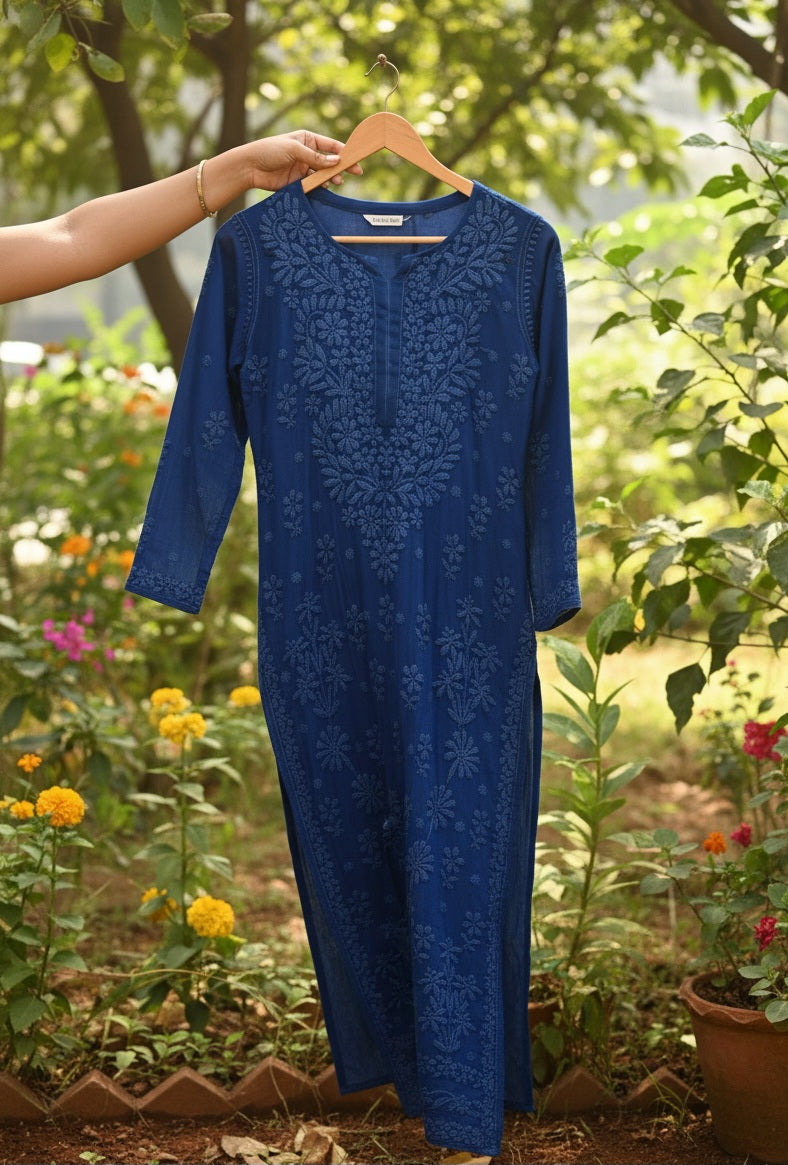 Purple handmade Chikankari Kurti set for women, crafted with heavy embroidery on premium Georgette fabric by LVW Fashions.