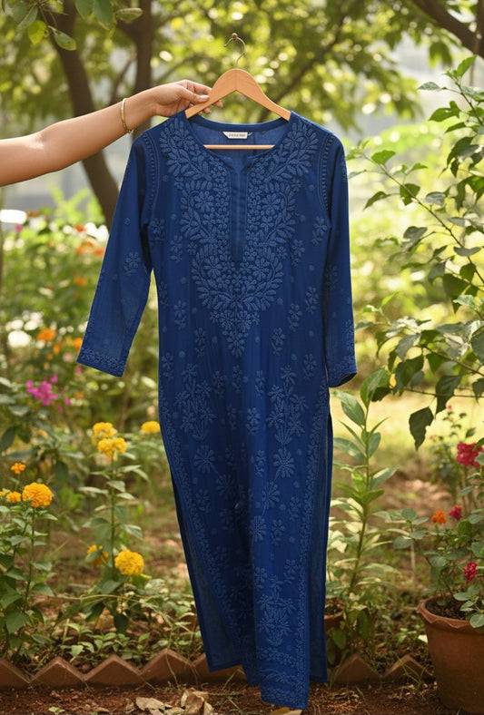 Purple handmade Chikankari Kurti set for women, crafted with heavy embroidery on premium Georgette fabric by LVW Fashions.