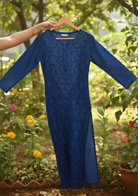 Purple handcrafted Georgette Chikankari Kurti set for women with heavy embroidery, handmade by LVW Fashions, inspired by Lucknow Chikankari.