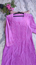 Purpureus premium soft modal Chikankari long kurta by LVW Fashions, handcrafted Lucknow Chikankari in deep purple fabric.