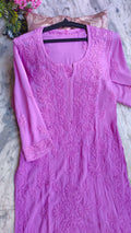 Purpureus premium soft modal long kurta with intricate Lucknow chikankari embroidery by LVW Fashions.